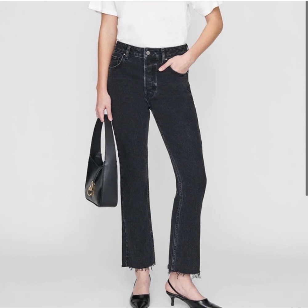 Anine Bing Lara Jeans Black Raw Hem High Waisted Flare Cropped Inseam Size 28